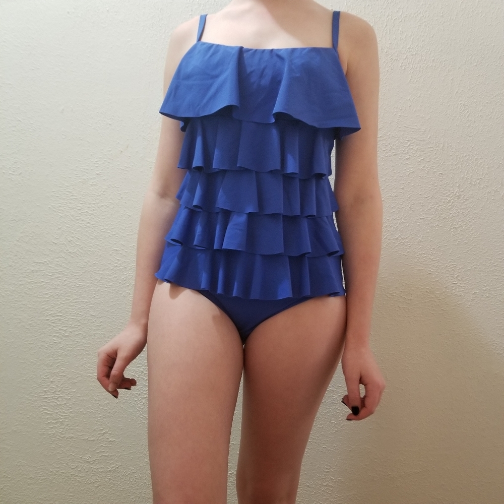 Michael Kors royal blue one piece ruffled swimsuit